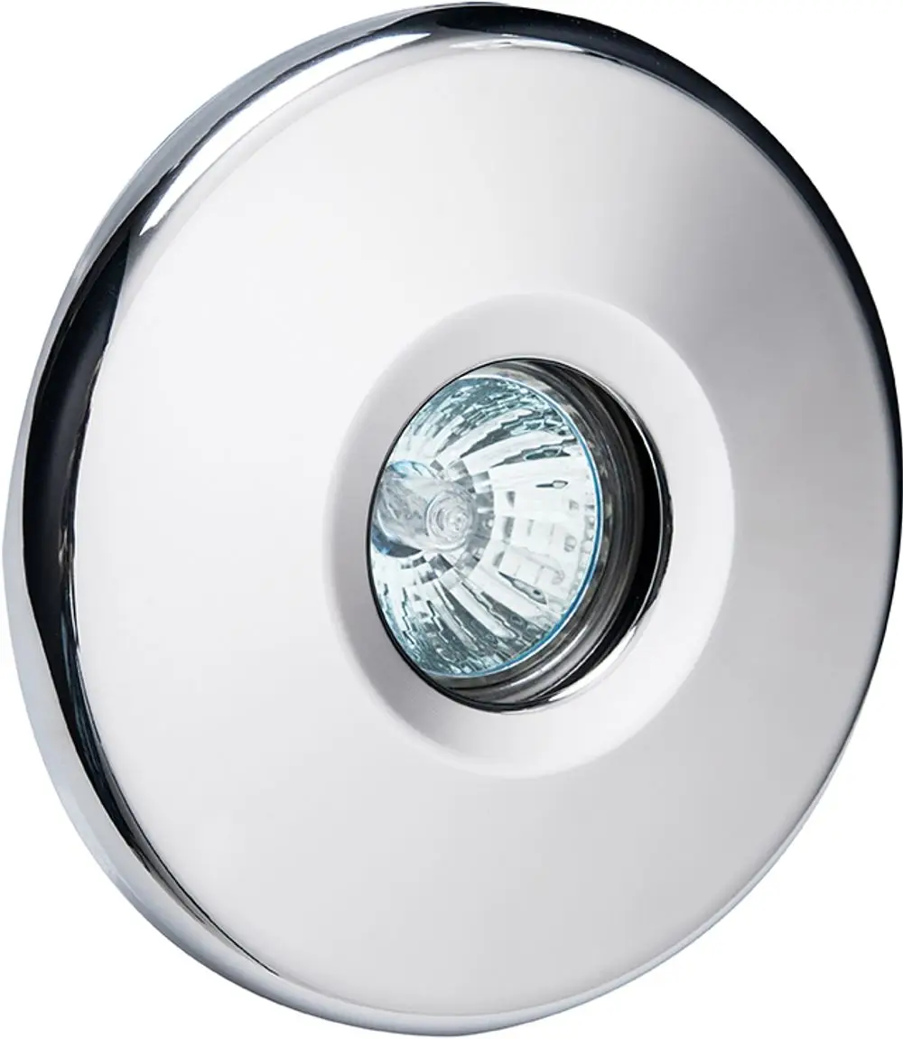 Runder Deckenspot mit glänzender Oberfläche, in der Mitte eine LED-Lampe von Grünbeck. Geeignet zur direkten Beleuchtung in modernen Räumen.